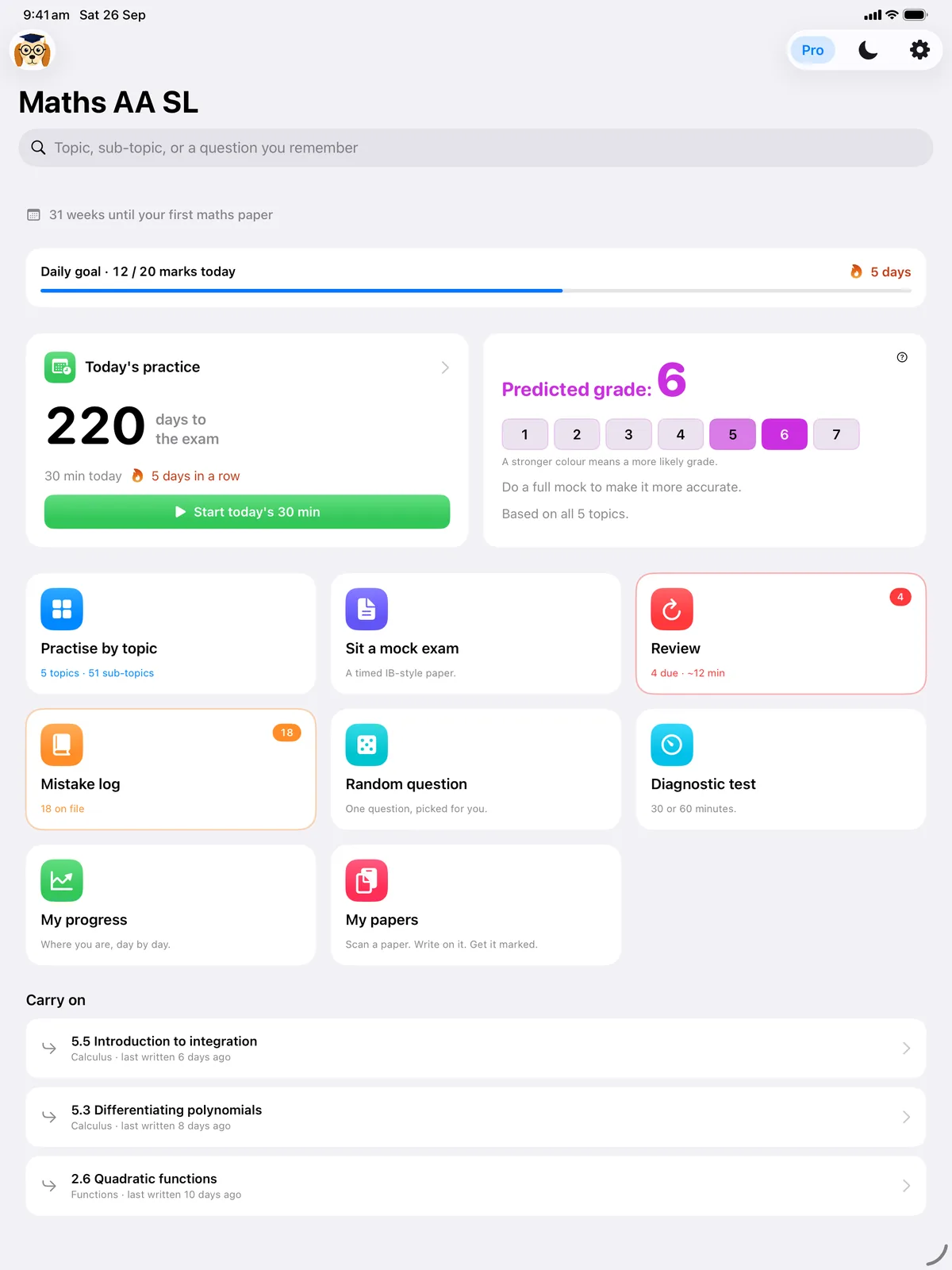 Maths Retriever Home: the weeks until the first maths paper, today’s marks against the daily goal, a 5-day streak, today’s practice, a predicted grade of 6 and tiles for practice, mock exams, review and the mistake log