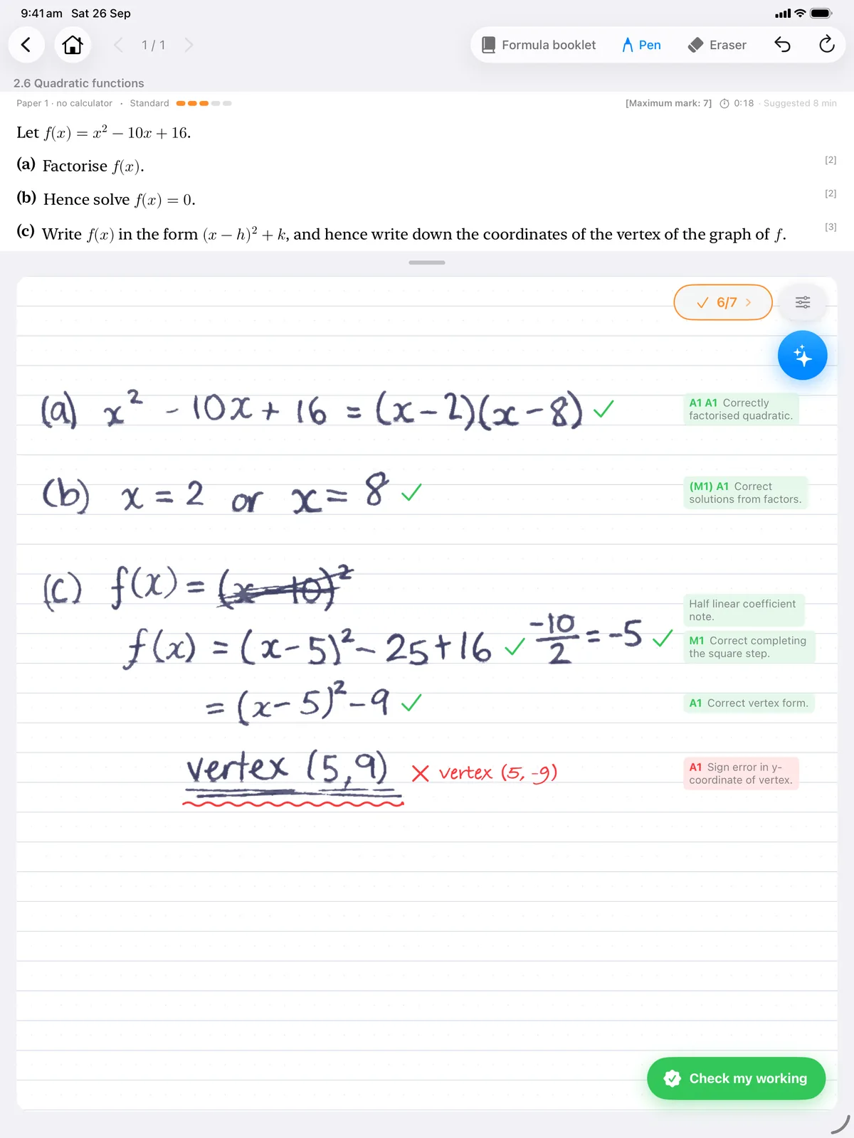 A handwritten page marked 6 out of 7 in the Maths Retriever iPad app: a quadratic question with a green tick and its mark code on each correct line — A1 A1, (M1) A1, M1 and A1 — a ticked note on the half-coefficient step, a red cross and A1 on vertex (5, 9) with the reason “Sign error in y-coordinate of vertex”, the correction vertex (5, −9) in red, and the green Check my working button on the page